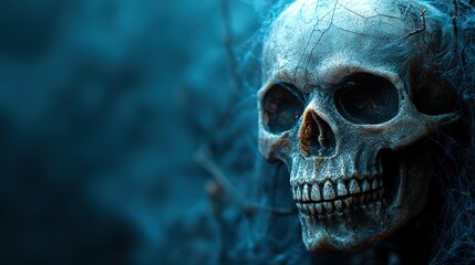 A Halloween design with a spider web and skeleton skull, showcased on a dark blue background, ideal for greeting cards, posters, or invitations with copy space.