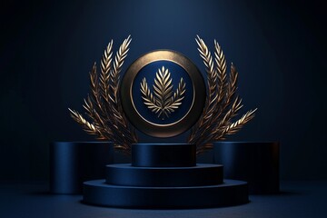 A gold medal is placed on top of three podiums in dark navy blue.