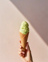 Helado de pistacho en cucurucho con mano sosteniendo