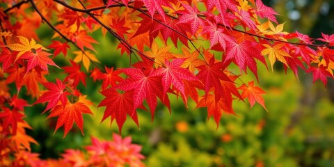 Vibrant yellow, orange, and red maple leaves hanging on a tree branch in autumn season, nature, fall, colorful