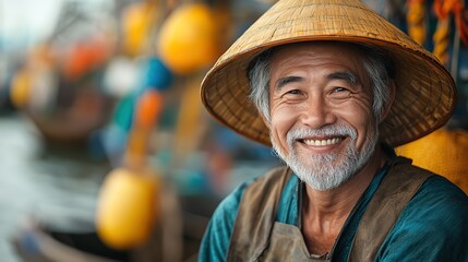 A happy Vietnamese fisherman smiles in a harbor, celebrating cultural fishing traditions in a lively and colorful port setting.