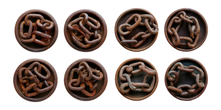 Rusty Chains in Circular Frames on Transparent Background, PNG collection, set bundle, isolate on transparent or white background