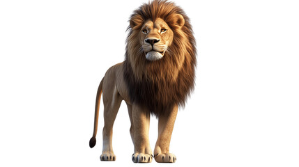 A lion with a long mane stands on a white background