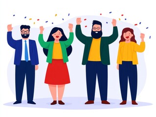 Fototapeta premium A group of four people celebrating with raised hands and confetti.