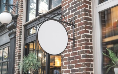 White Circular Signage Mockup Hanging on Brick Wall - Advertising and Real Estate Mockup Concept