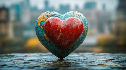Fototapeta premium A heart-shaped Earth with a red heart floats against a blue background, celebrating environmental awareness.