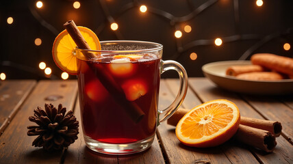 Fototapeta premium Hot spiced wine with orange and cinnamon on wooden table with lights