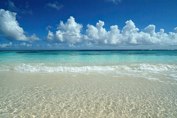 serene clear sky over an ocean with glistening summer sea water, perfect for vacation themes with sunlight reflecting off beautiful clouds