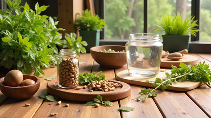 Herbs and seeds with fresh water in rustic kitchen interior

