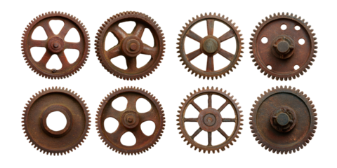 Vintage Rusty Gears and Cogs on Transparent Background, PNG collection, set bundle, isolate on transparent or white background