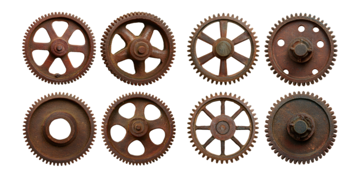 Vintage Rusty Gears and Cogs on Transparent Background, PNG collection, set bundle, isolate on transparent or white background