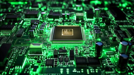 Fototapeta premium Close-up of CPU Processor Socket on Green PCB, Surrounded by Electronic Components on Motherboard, Macro Shot.