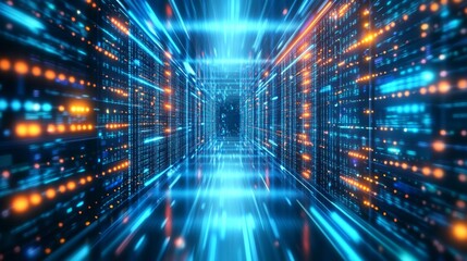 Fototapeta premium Abstract Digital Warehouse: Server Farm Illuminated by Network Lights in Dark Data Center, Cloud Computing Technology and Information Exchange.