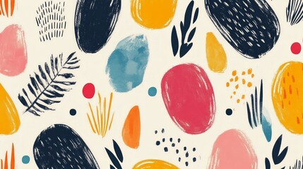 Abstract seamless pattern with colorful brush strokes, dots, and leaves on a white background.