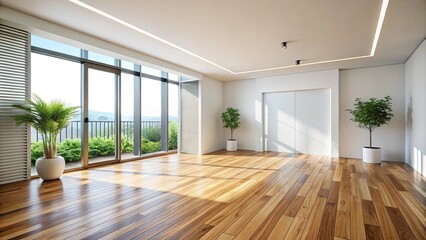 Obraz premium Minimalist room with wooden flooring, clean lines, and bright airy atmosphere, minimalist, empty room