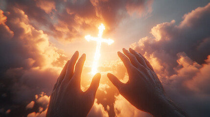 Close-up of hands reaching towards a bright, open sky, symbolizing hope, freedom, unity, and aspirations. The image captures a powerful gesture of reaching for goals, strength, and limitless potential