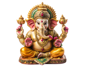 Colorful Ganesha Idol in Sitting Pose with Offerings, isolated on transparent or white background