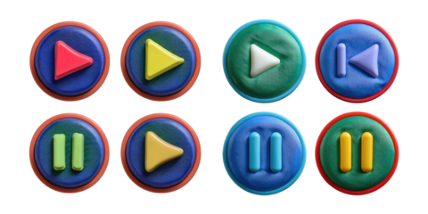 Colorful Play and Pause Buttons on Transparent Background, PNG collection, set bundle, isolate on transparent or white background