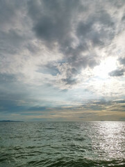 The sky is cloudy and the ocean is calm