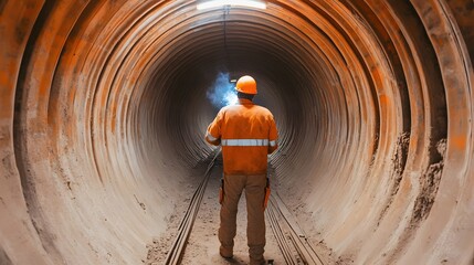 Welder in protective workwear using welding torch to repair and strengthen steel reinforcements within an underground tunnel as part of a major construction project