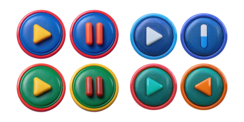 Colorful Play and Pause Buttons on Transparent Background, PNG collection, set bundle, isolate on transparent or white background