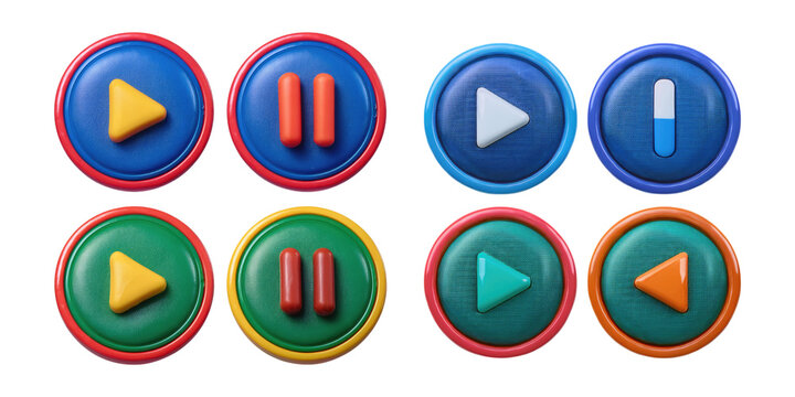 Colorful Play and Pause Buttons on Transparent Background, PNG collection, set bundle, isolate on transparent or white background