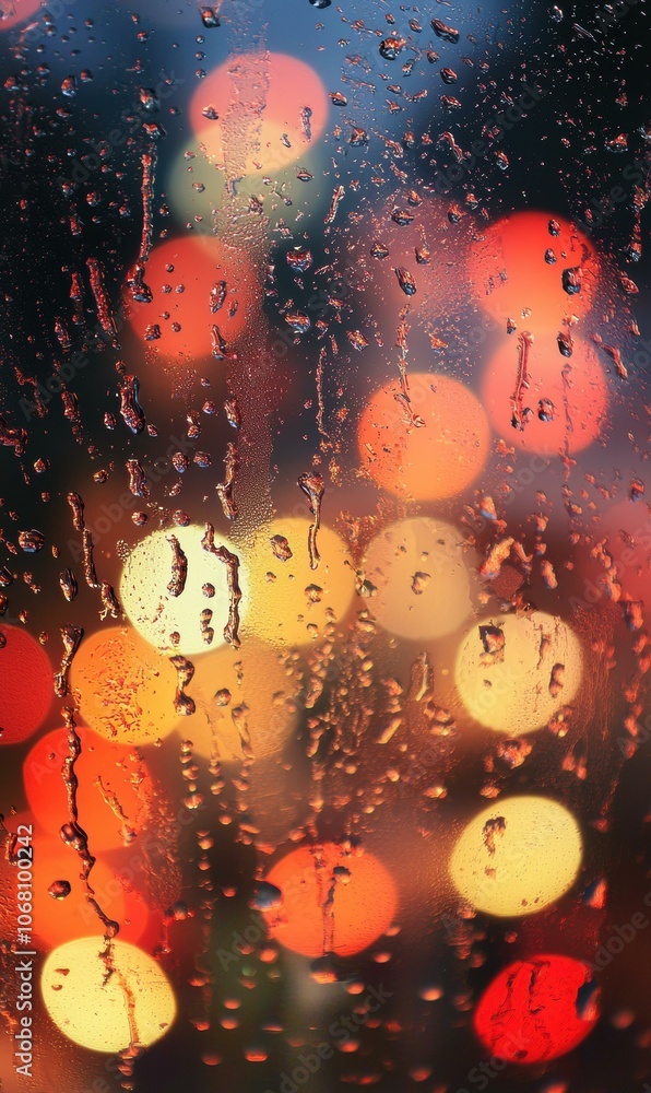 Poster rain drops on a window pane with colorful lights in the background. ai.