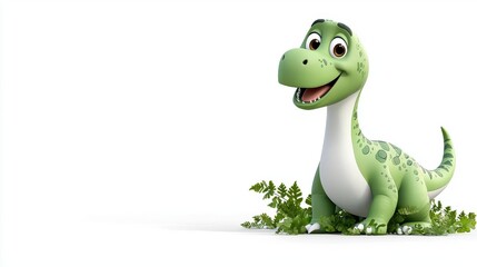 Fototapeta premium Cute cartoon dinosaur standing among ferns on a white isolated background.