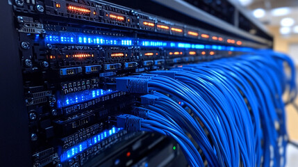 connecting an internet cable, symbolizing connectivity, data flow, and global communication. This image reflects modern technology linking networks across the world