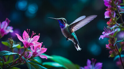 Fototapeta premium Green violetear, Colibri thalassinus, hovering next to red flower in garden, bird from mountain tropical forest, , Mexico, natural habitat, beautiful