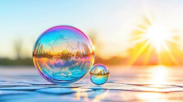 Vibrant soap bubbles reflecting sunlight on a serene surface at sunset.
