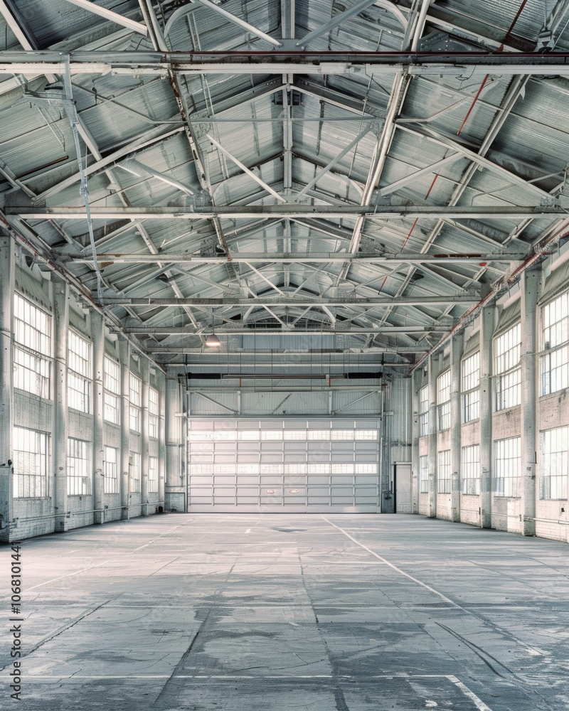 Poster a large empty space with a high ceiling and large windows. ai.