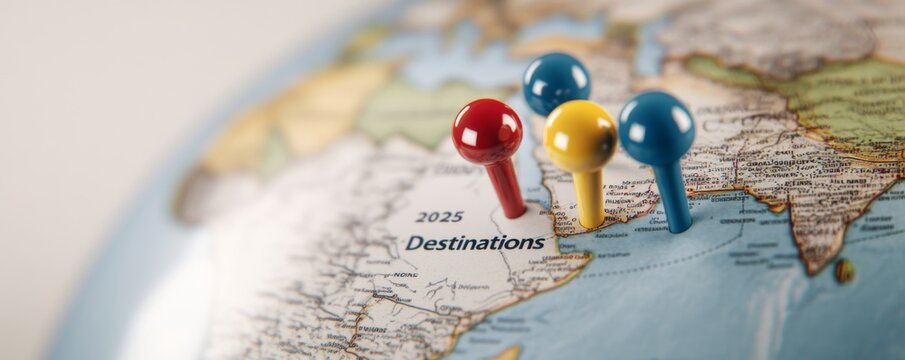 Colorful pins marking travel destinations on a globe.