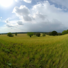Obraz premium Panoramic view of a field covered in grass and trees under sunlight