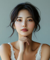 young woman in her 30s with long dark hair poses thoughtfully, wearing light top. Her expression is serene and captivating, showcasing natural beauty