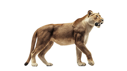 A large lion is walking across a white background
