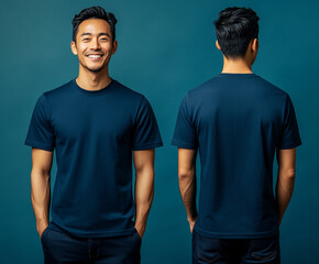 smiling man wearing plain navy blue t shirt, showcasing both front and back views against teal background. His confident expression adds to casual vibe