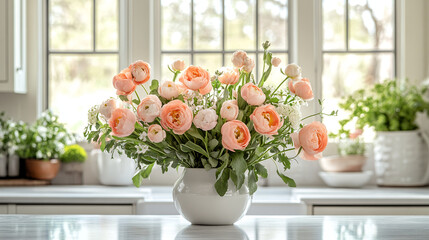 Fototapeta premium Flower, flower arrangement, art, scene, vase, beautiful, gorgeous, life, four seasons, spring, summer, autumn, winter, bedroom, living room, dining table, dining room, flower, bouquet, yellow, orange,