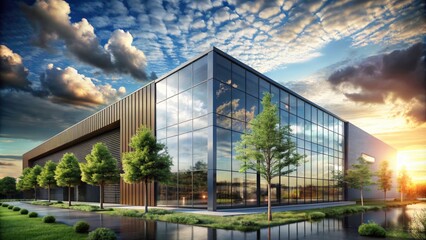 Obraz premium Sleek Steel Exterior of Modern Warehouse Office Building with Nature Overlay in Double Exposure Style