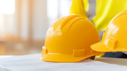 Two construction engineers and workers wearing safety vests and hardhats examining a construction blueprint spread out on a table at a busy construction site