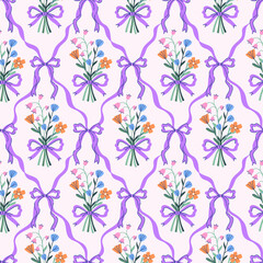 Seamless pattern with bouquets of flowers and ribbons. Vector graphics
