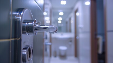A close-up of a shiny chrome door handle in a modern bathroom highlighting sleek design and functionality.