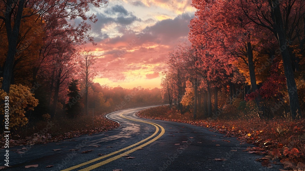 Poster a winding road through a forest with vibrant autumn foliage, bathed in the soft glow of a setting su