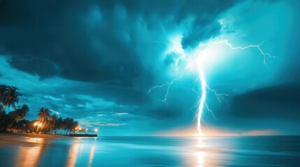 Dramatic lightning strikes over an ocean, illuminated by a vibrant blue sky.