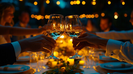 ands clinking wine glasses in a festive toast, symbolizing unity, celebration, and togetherness. The image conveys a warm, inclusive sense of shared joy and camaraderie