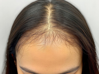 Detailed shot of scalp of Asian woman showing hair texture and growth patterns. image captures natural hairline and scalp condition, highlighting fine hair strands