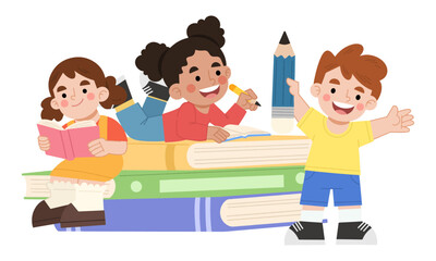 Vector illustration of happy children learning and reading