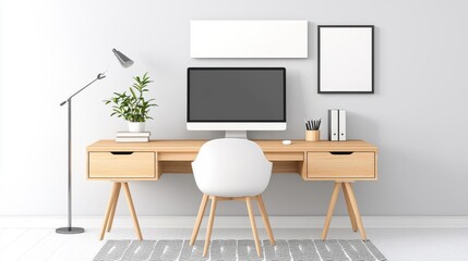 Modern workspace with a computer, desk, lamp, and plant in a minimalist setting.