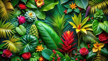 Fototapeta premium Tropical Botanical Elements for Summer Decoration - Lush Greenery, Vibrant Flowers, Exotic Foliage for Stunning Summer Home Décor, Interior Design Inspiration, and Vibrant Outdoor Spaces