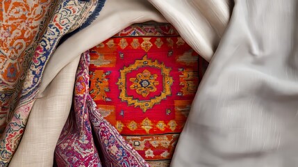 A vibrant traditional textile surrounded by neutral modern fabrics symbolizing the difference between preservation and imitation